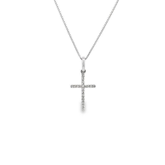 14KT White Gold Small Micro Pave 0.06ctw Diamond Cross Necklace - Pristine J LLC