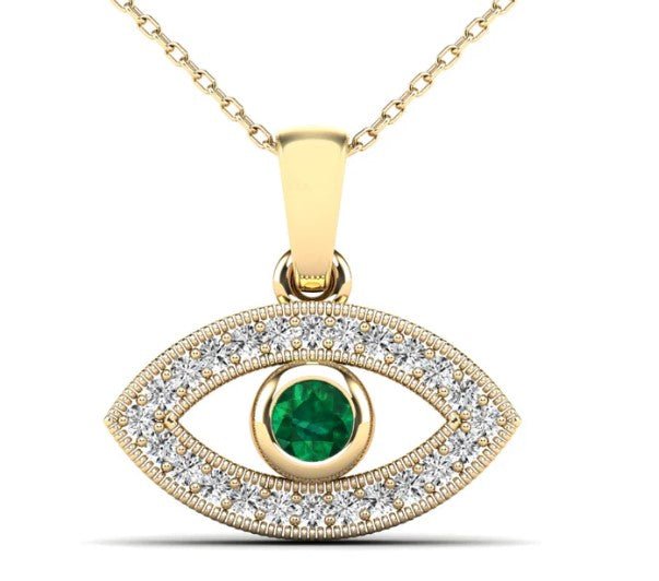 14kt Yellow Gold 0.15ctw Diamond, Emerald Evil Eye Pendant - Pristine J LLC