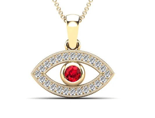 14kt Yellow Gold 0.15ctw Diamond, Ruby Evil Eye Pendant - Pristine J LLC