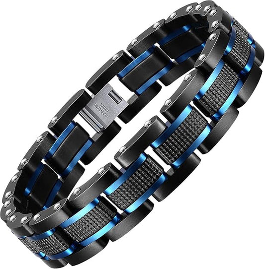 Mens Black And Blue Carbon Fiber Black Stainless Steel Bracelet With Black Cubic Zirconia