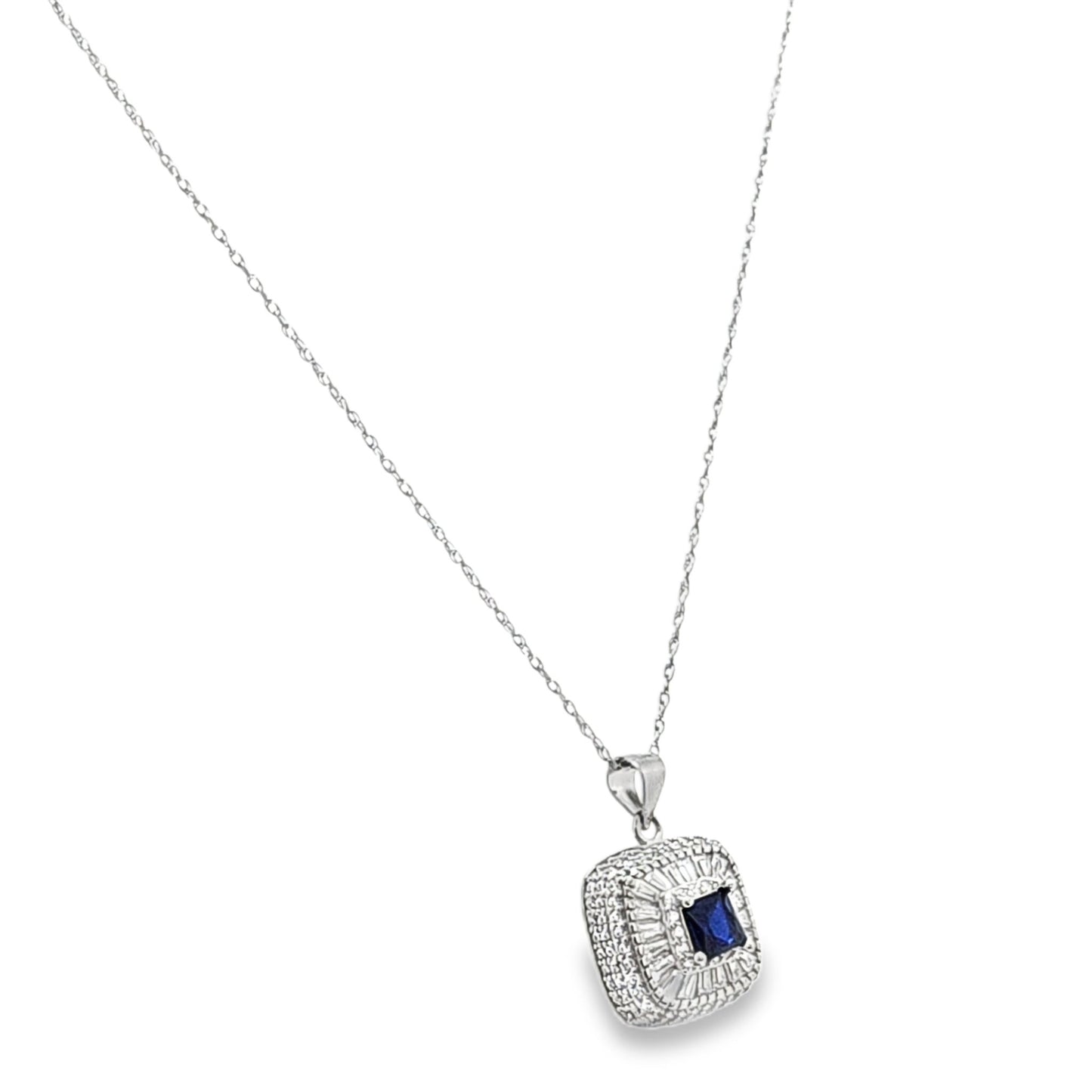 925 Silver Created Blue Sapphire Round & Baguette CZ Pendant and Earring Set - Pristine J LLC