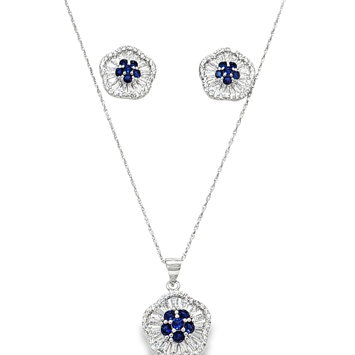 925 Silver Created Blue Sapphire Round & Baguette CZ Pendant and Earring Set - Pristine J LLC