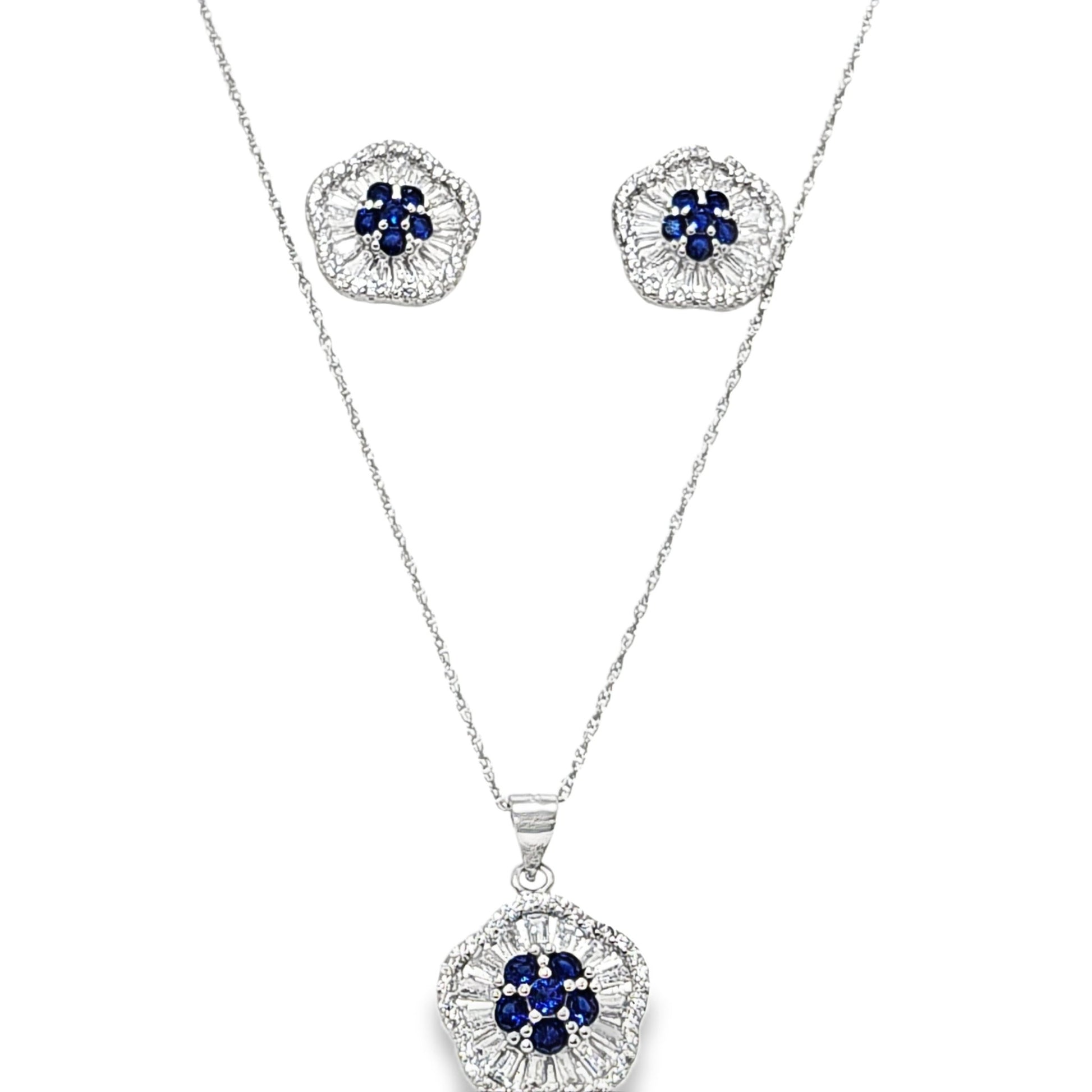 925 Silver Created Blue Sapphire Round & Baguette CZ Pendant and Earring Set - Pristine J LLC