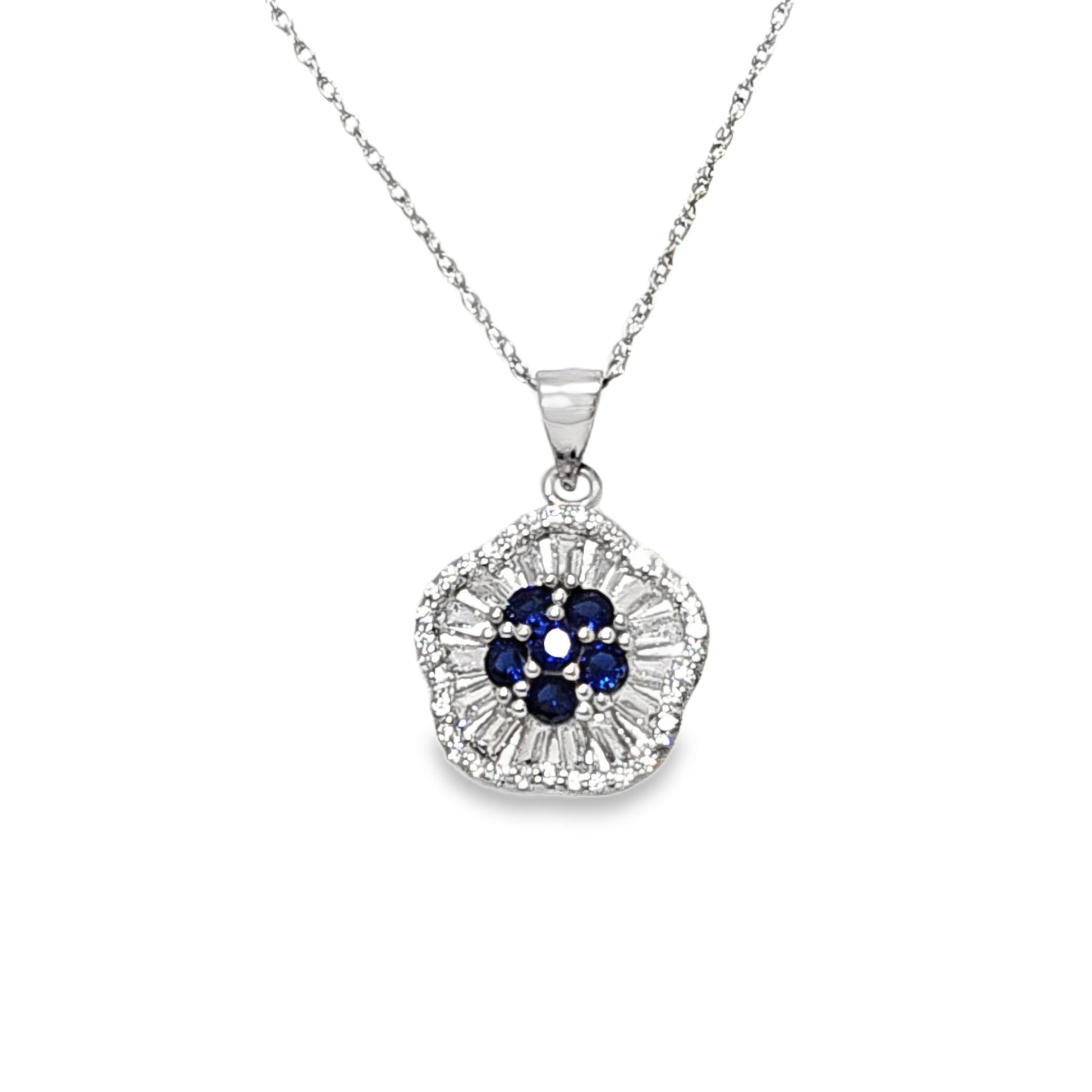 925 Silver Created Blue Sapphire Round & Baguette CZ Pendant and Earring Set - Pristine J LLC