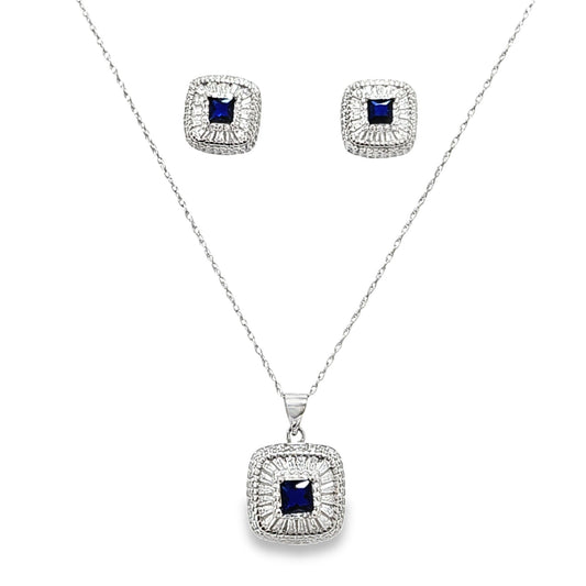 925 Silver Created Blue Sapphire Round & Baguette CZ Pendant and Earring Set - Pristine J LLC