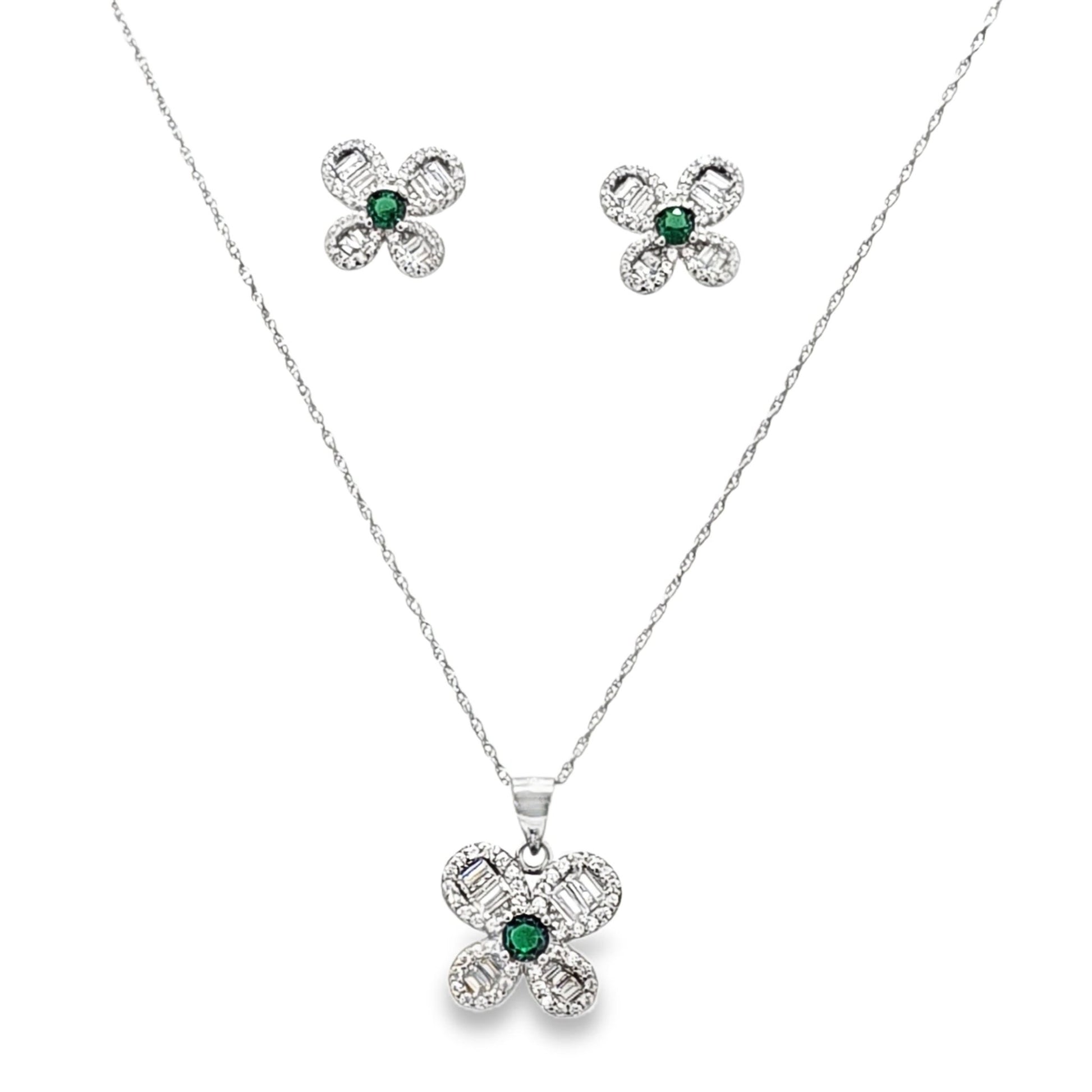 925 Silver Created Emerald Butterfly Shape Round CZ Pendant and Earring Set - Pristine J LLC