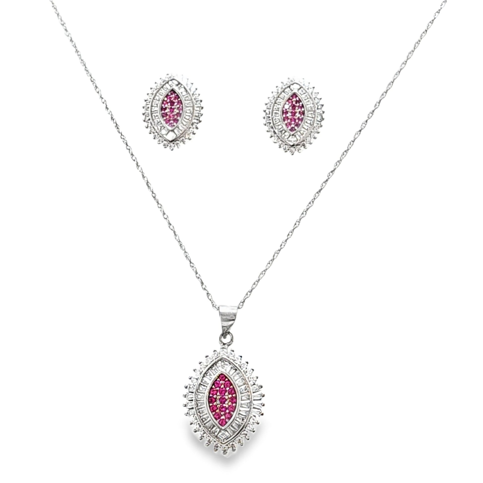 925 Silver Created Ruby Marquise Shape Round and Bagguette Combo CZ Pendant and Earring Set - Pristine J LLC