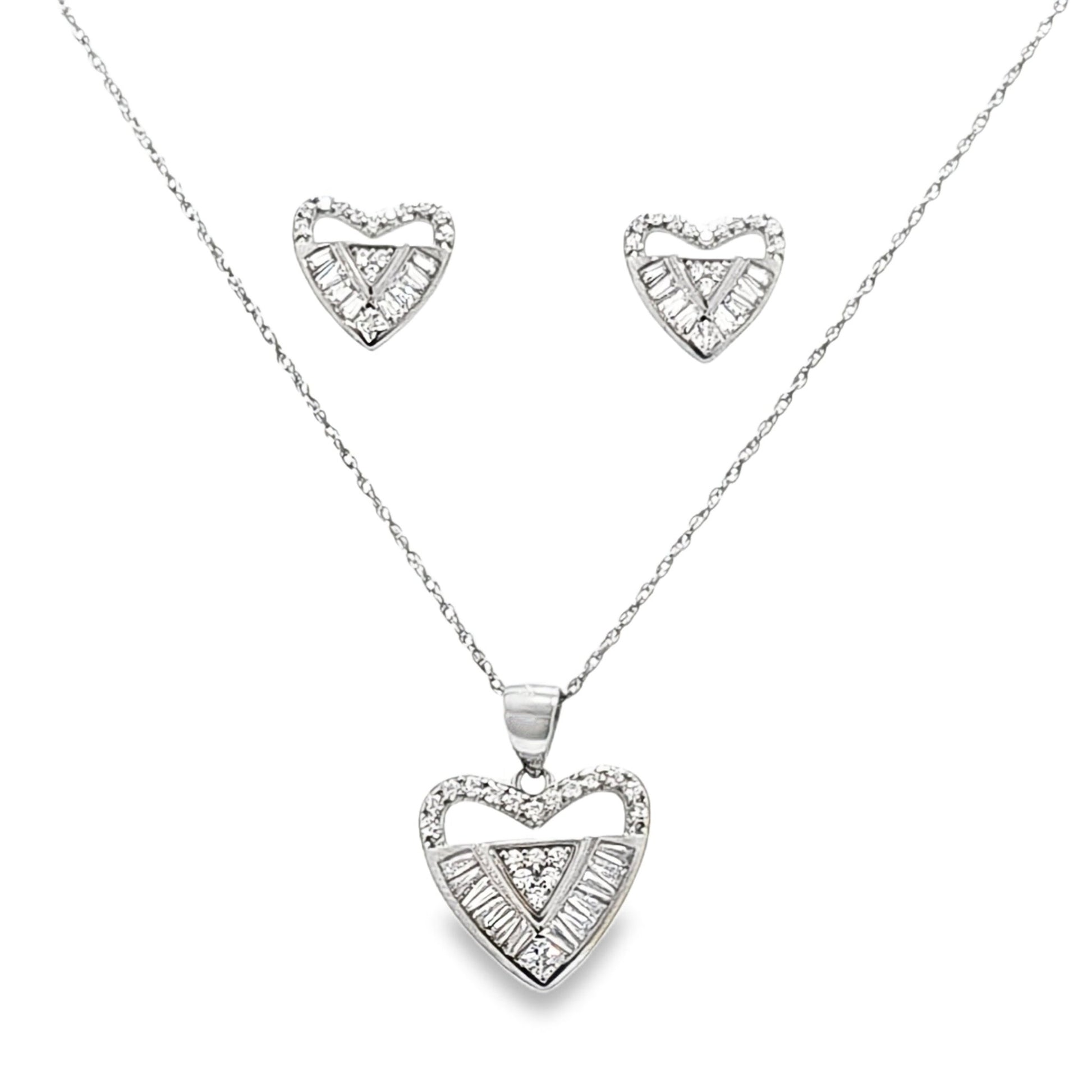 925 Silver Heart Shape Round & Baguette CZ Pendant and Earring Set - Pristine J LLC