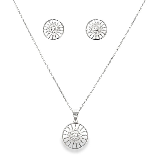 925 Silver Wheel Design Shape Round CZ Pendant and Earring Set - Pristine J LLC