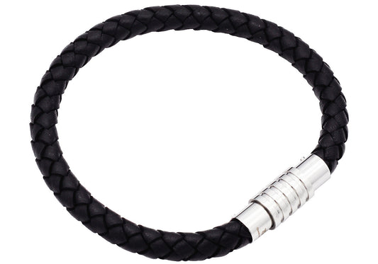 Men's Black Leather Black  Stainless Steel Bracelet