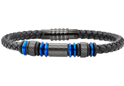 Mens Black Leather Blue Stainless Steel Bracelet With Carbon Fiber