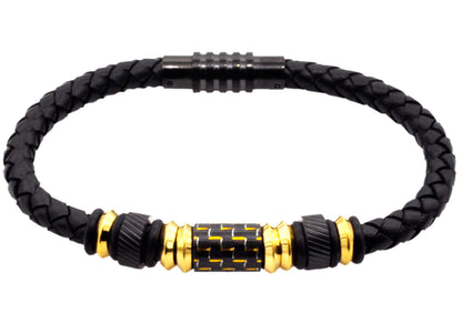 Mens Black Leather Gold Plated Stainless Steel Bracelet With Carbon Fiber