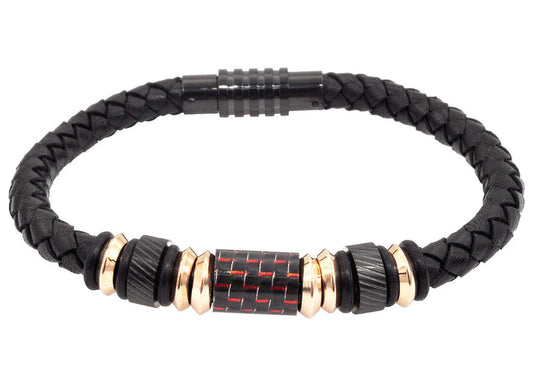 Mens Genuine Black Leather Rose Gold Stainless Steel Bracelet With Carbon Fiber