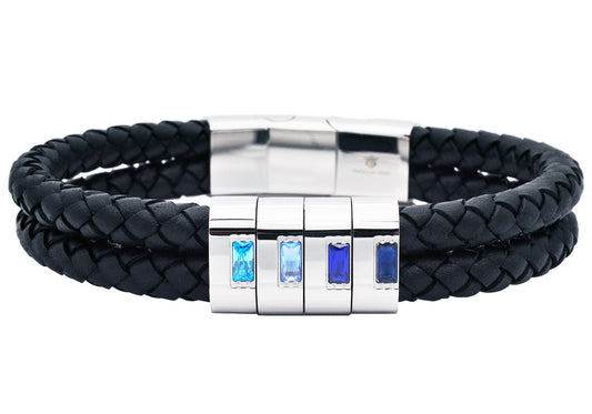 Men's Double Strand Black Leather Stainless Steel Bracelet With Blue Cubic Zircon