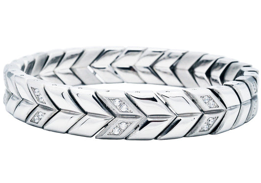 Men's 12mm Chevron Pattern Stainless Steel Bracelet With Cubic Zirconia