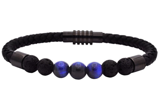 Mens Genuine Blue Tiger Eye and Lava Stone Black Leather Stainless Steel Bracelet