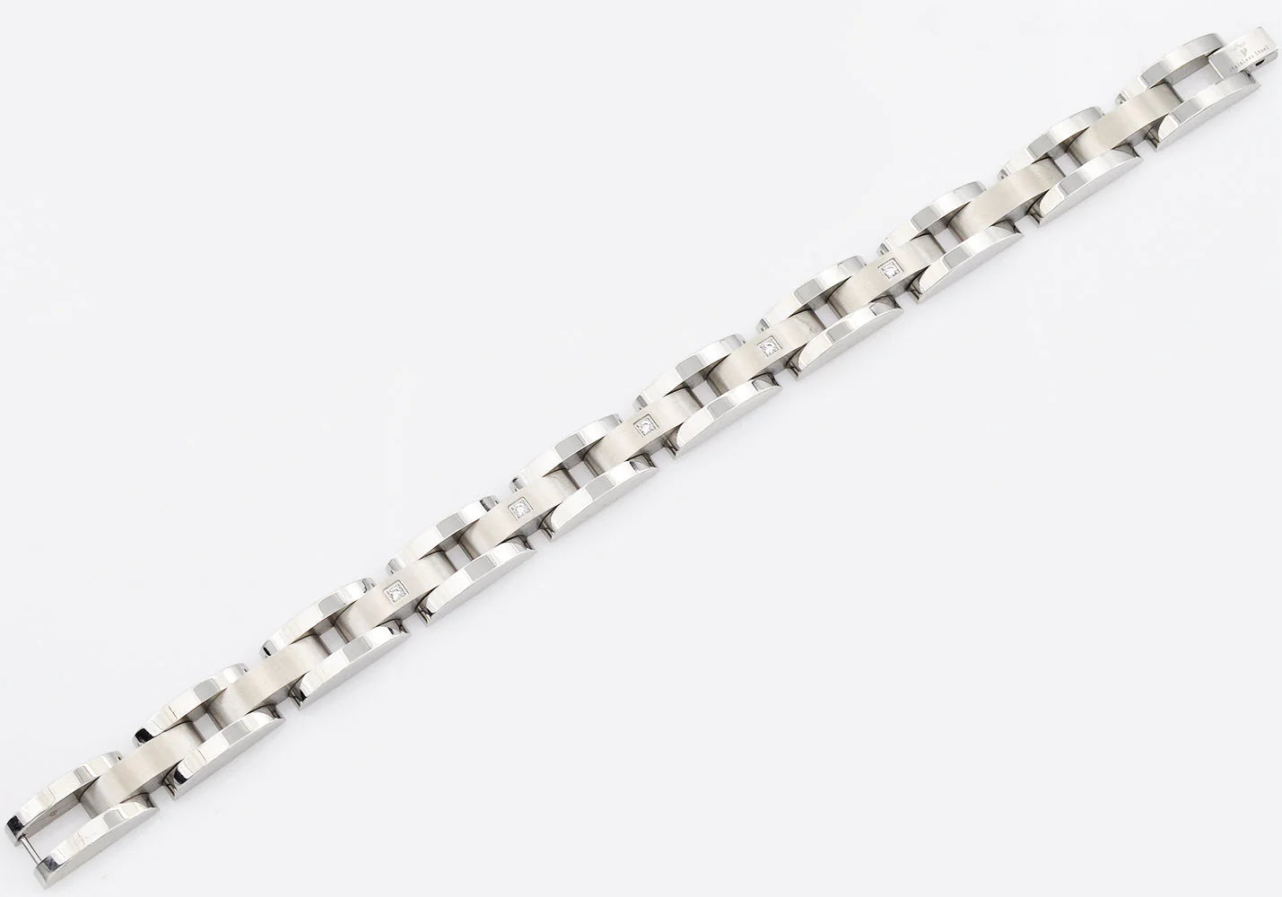 Mens Curved Link Stainless Steel Bracelet With Cubic Zirconia