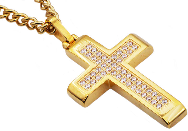 Mens Gold Stainless Steel Cross Pendant With Cubic Zirconia