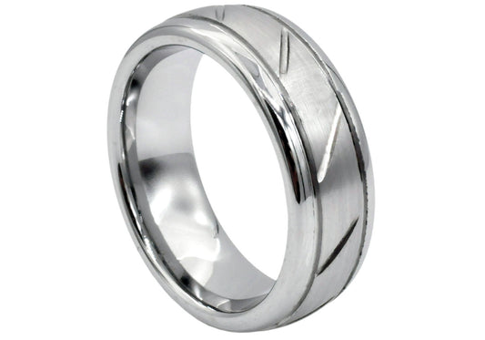 Men’s 8mm Brushed & Polished Tungsten Etched Band – Comfort Fit