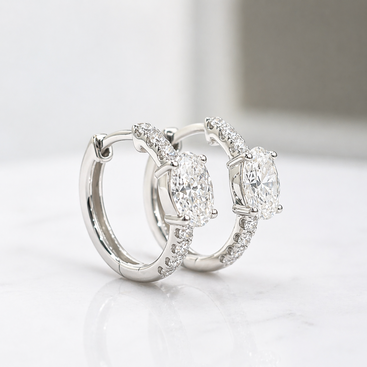 14KT White Gold   1.57 CTW  Oval Diamond Hoop Earrings