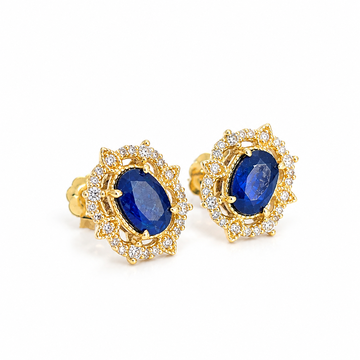 14K Yellow Gold Sapphire & Diamond Stud Earrings 1-1/3 CTW Sapphire 1/8 CTW Diamond Oval Halo