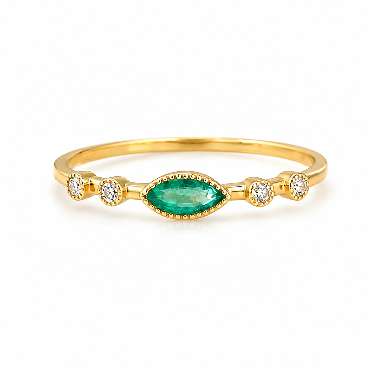 14K Yellow Gold Genuine Emerald & Lab Grown Diamond Marquise Ring – Size 7