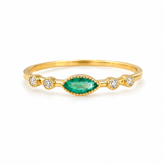 14K Yellow Gold Genuine Emerald & Lab Grown Diamond Marquise Ring – Size 7
