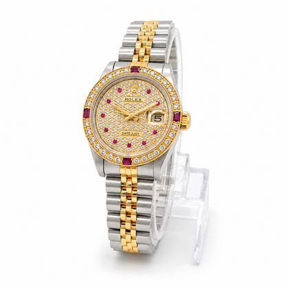 Pre-Owned Rolex Datejust 26mm Steel & Gold Ladies Watch with Aftermarket Diamond & Ruby Dial