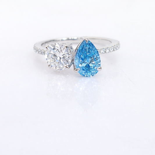 14KT White Gold Lab-Grown Blue Pear & Round Diamond Ring – 2CT Total – Size 6