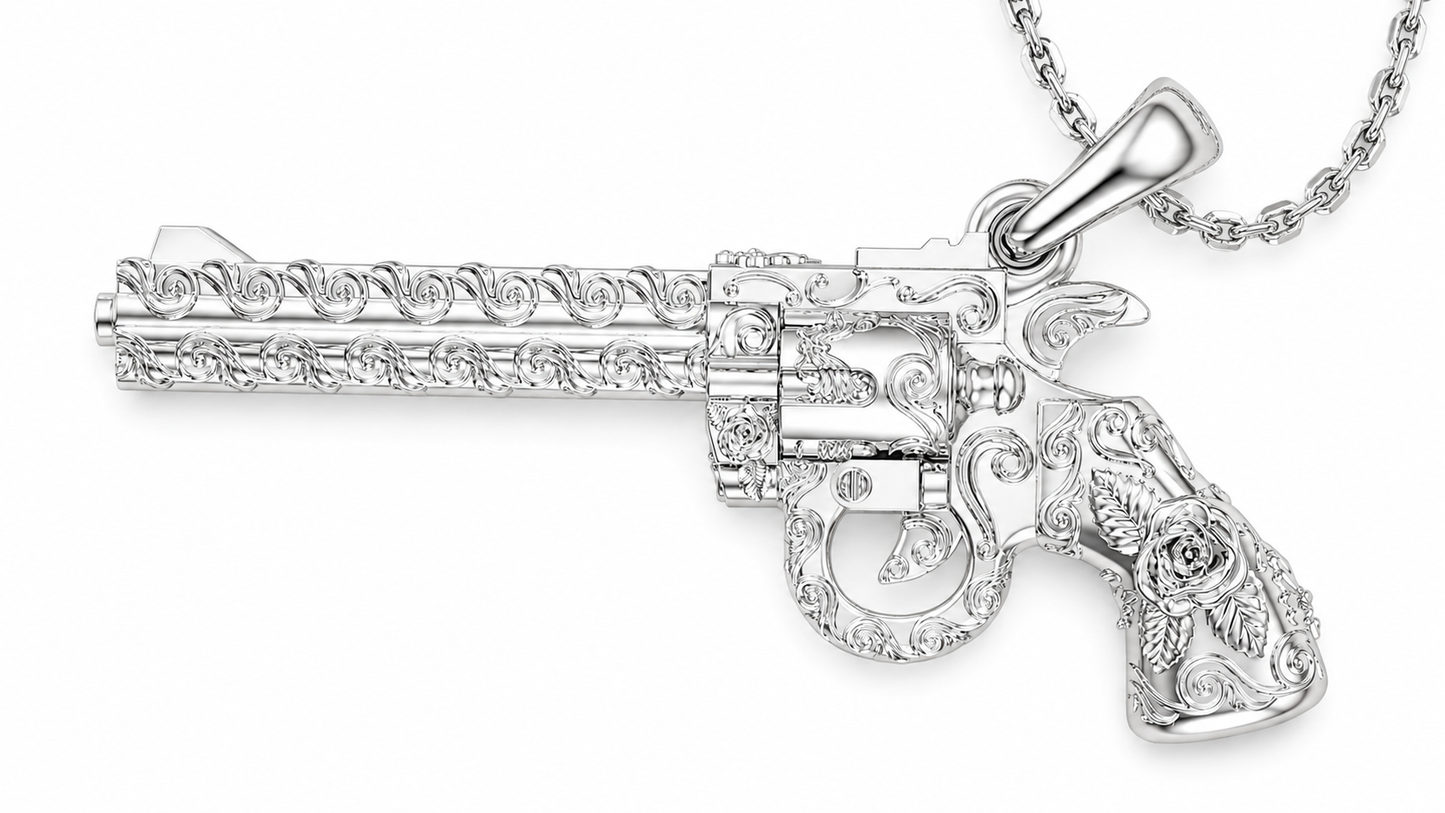Magnum Gun Rose Engraving Necklace Pendant