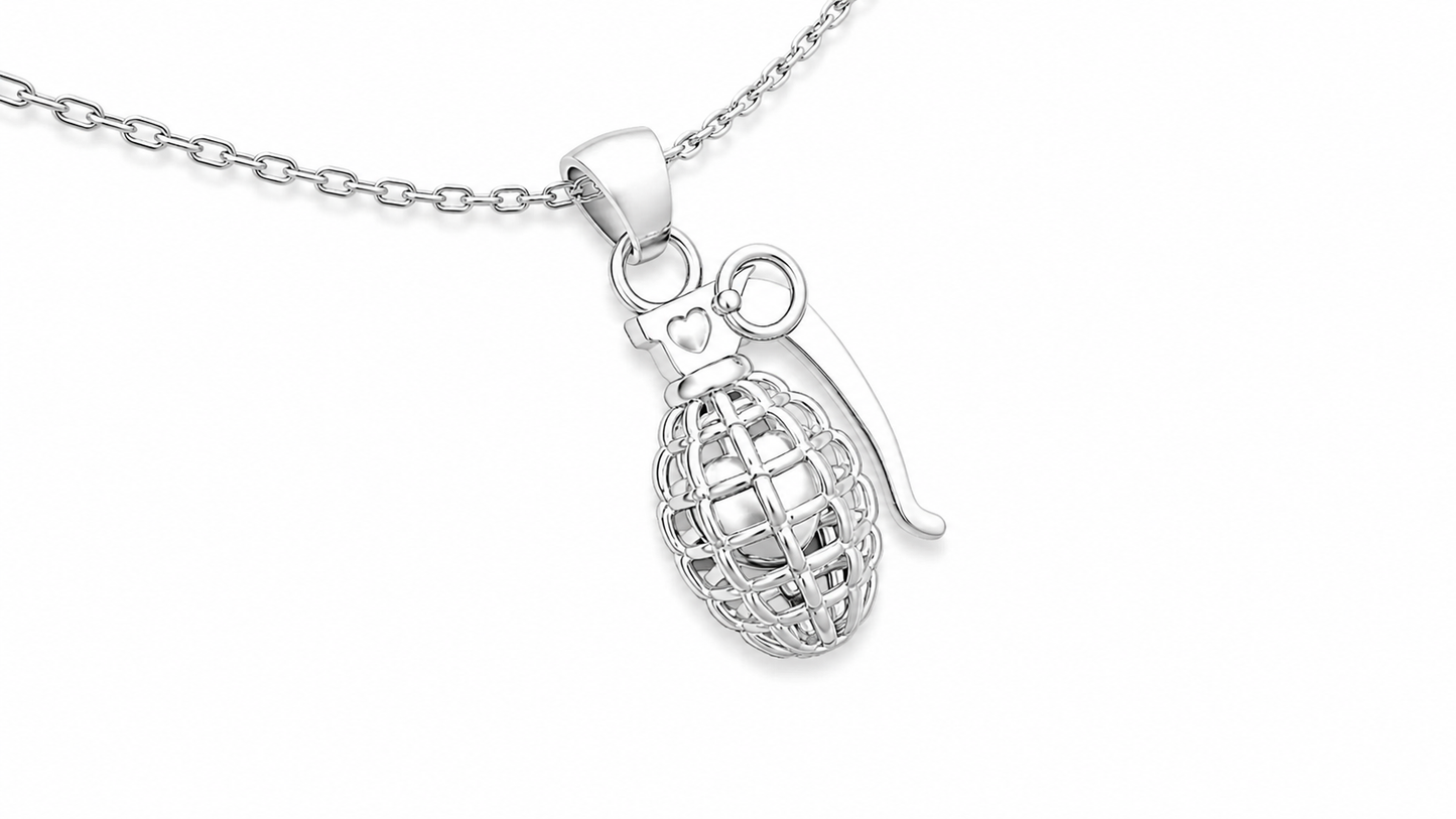 Sterling Silver Grenade with Heart Necklace Pendant