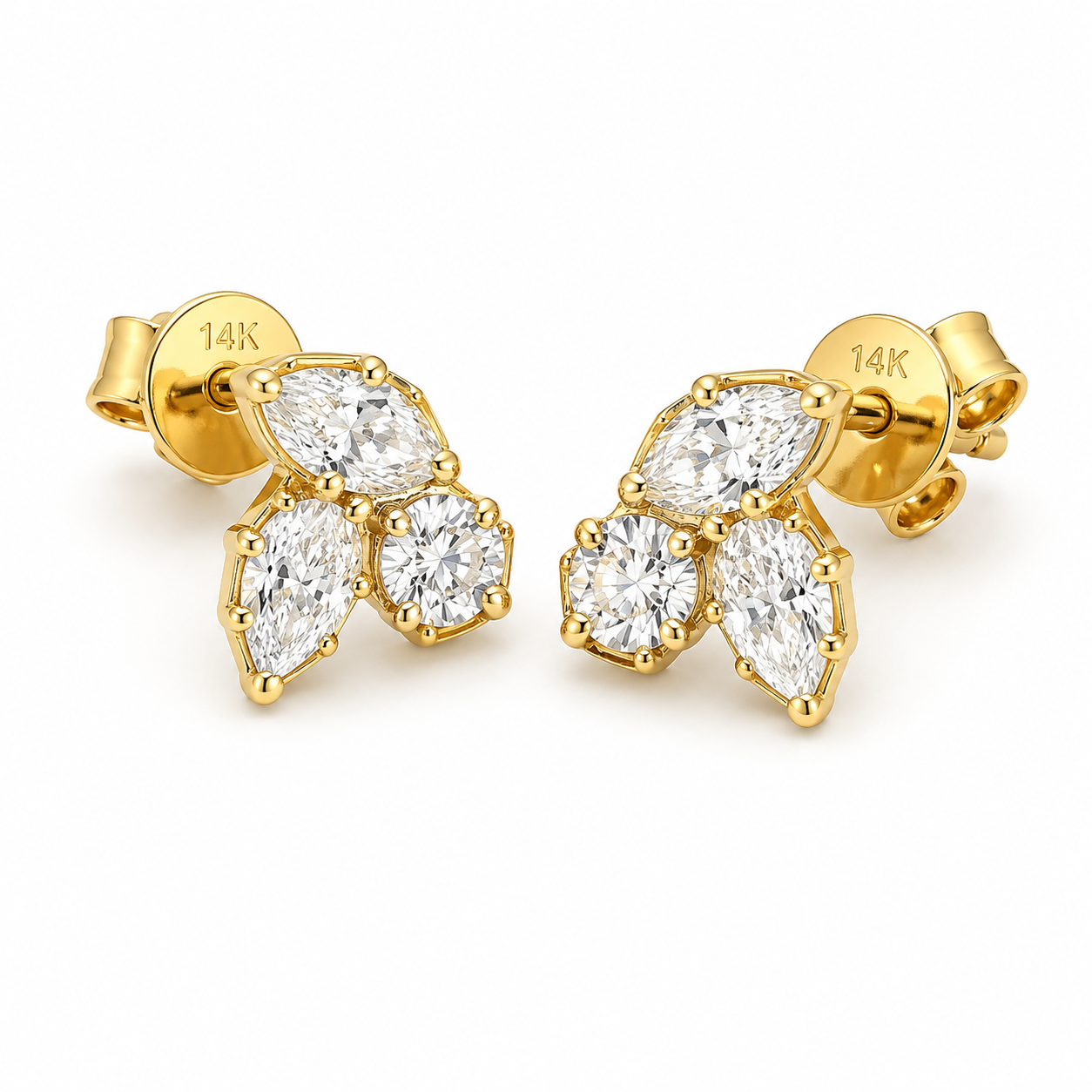 14K Yellow Gold Lab Grown Diamond 3-Stone Stud Earrings – 1.15 CTW
