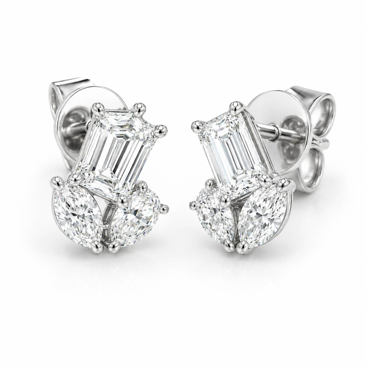 14K White Gold Multi-Shape Lab Grown Diamond 3-Stone Earrings – 1.16 CTW