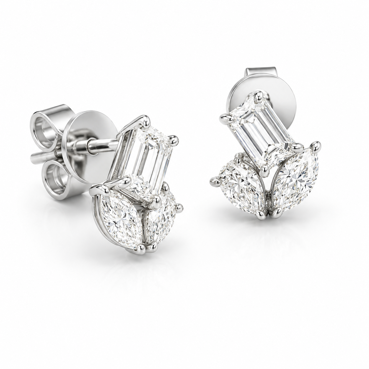 14K White Gold Multi-Shape Lab Grown Diamond 3-Stone Earrings – 1.16 CTW
