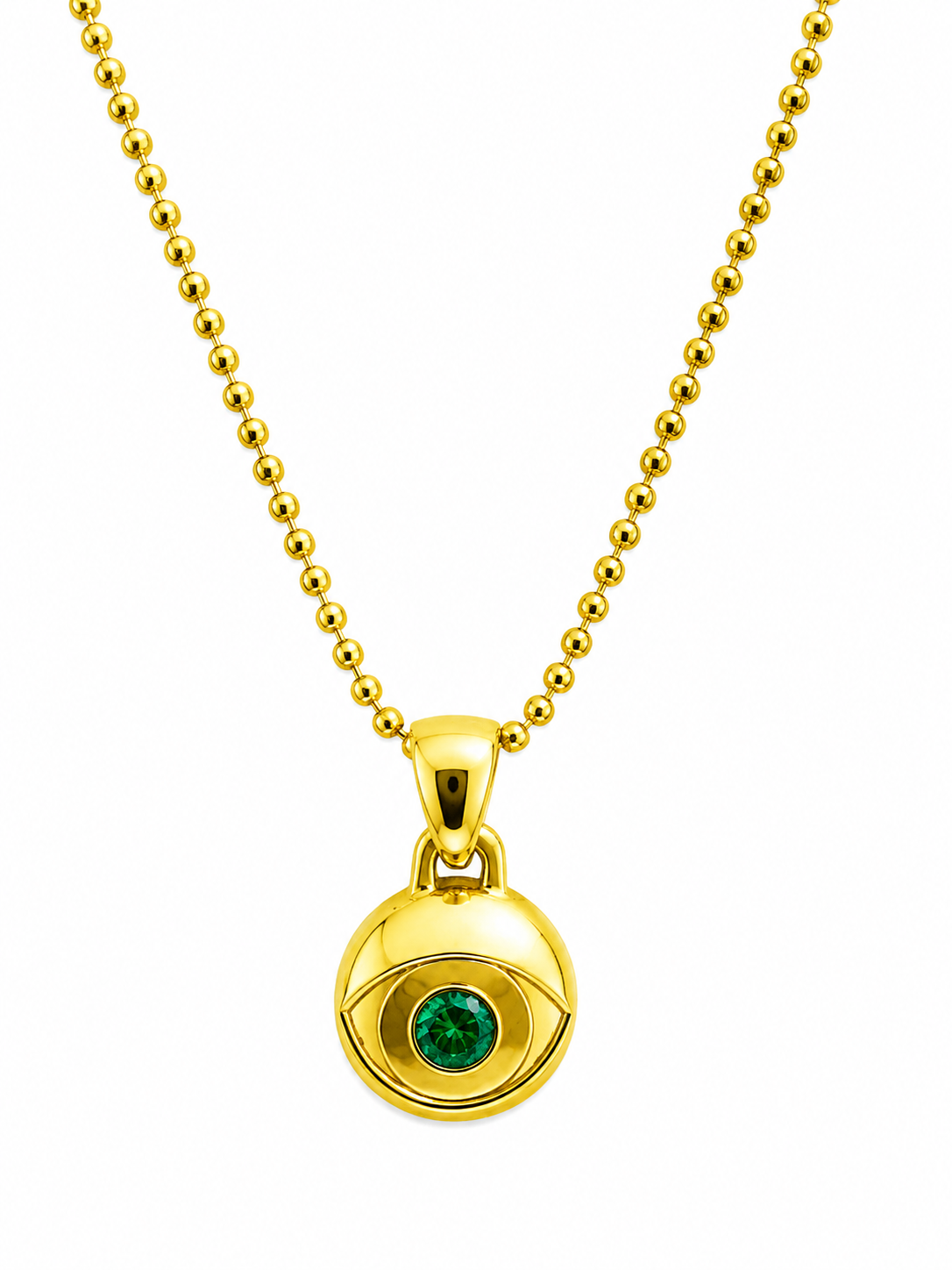 Emerald Birthstone Evil Eye Necklace – Gold Over Sterling Silver – Unisex Pendant with 18" Ball Chain