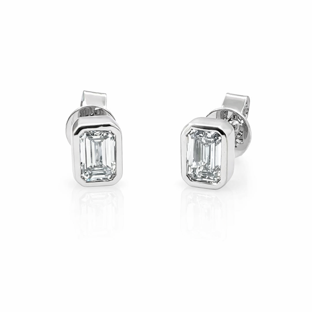 14K White Gold Lab Grown Emerald Cut Bezel Diamond Stud Earrings 0.95ctw| Bezel Setting