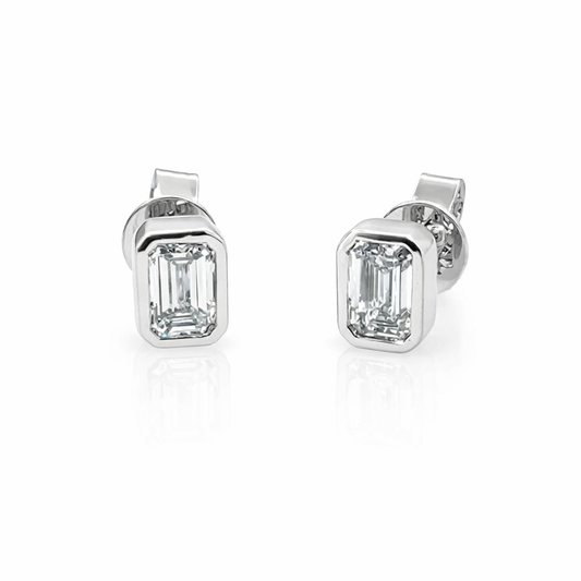 14K White Gold Lab Grown Emerald Cut Bezel Diamond Stud Earrings 0.95ctw| Bezel Setting