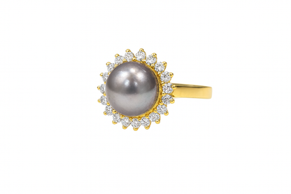 14KT Yellow Gold 0.25ct Diamond with 6.5mm Grey Pearl Ring (Size 4)