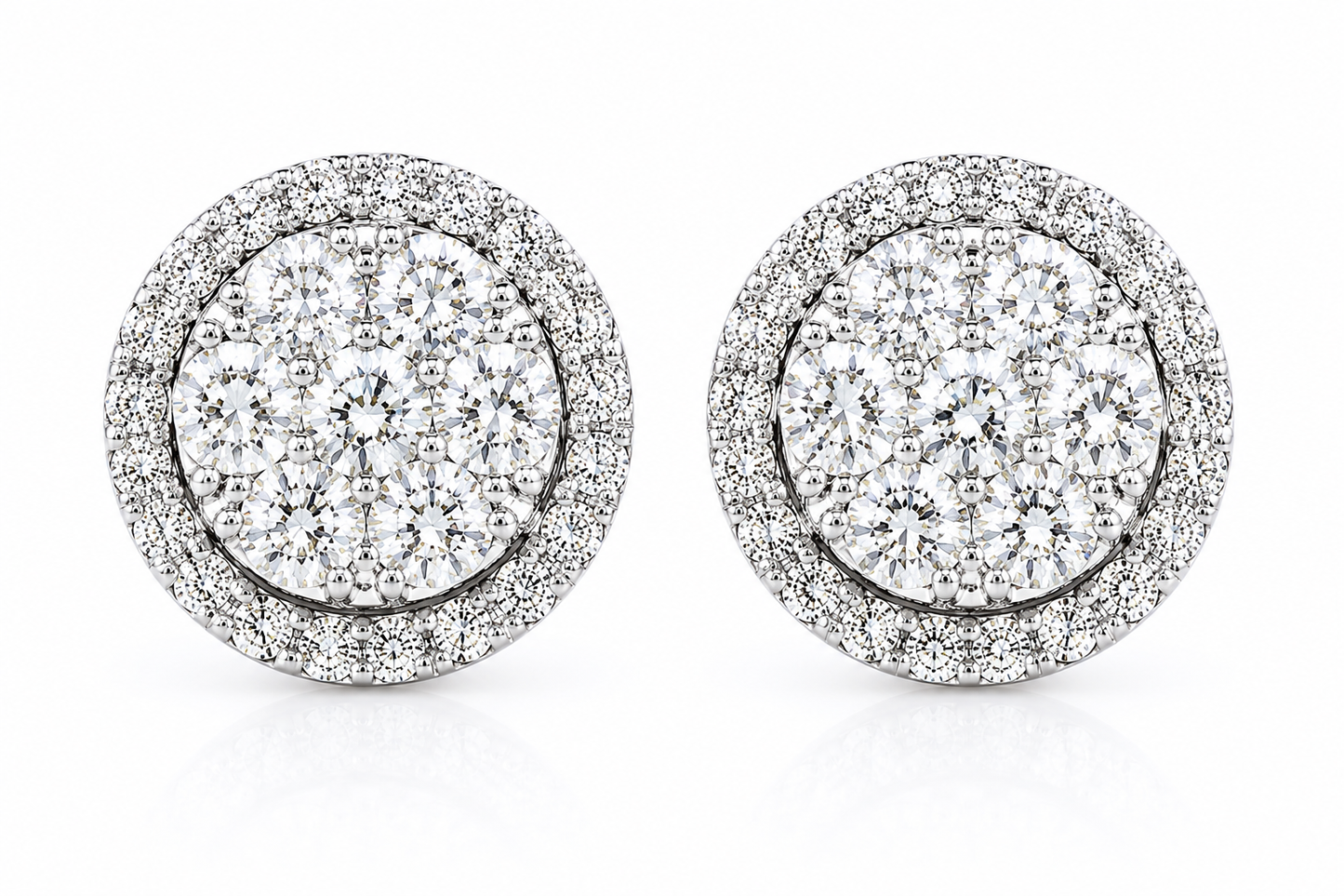 14KT White Gold 3.00 CTW Diamond Halo Cluster Earrings – EF/VS – IGL Certified – Luxury Screw Back Studs