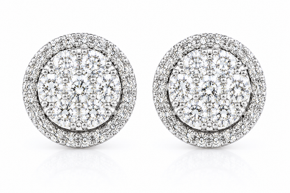 14KT White Gold 3.00 CTW Diamond Halo Cluster Earrings – EF/VS – IGL Certified – Luxury Screw Back Studs