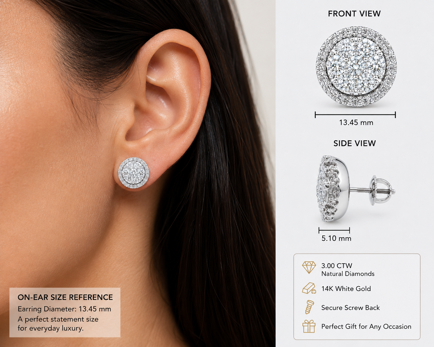 14KT White Gold 3.00 CTW Diamond Halo Cluster Earrings – EF/VS – IGL Certified – Luxury Screw Back Studs