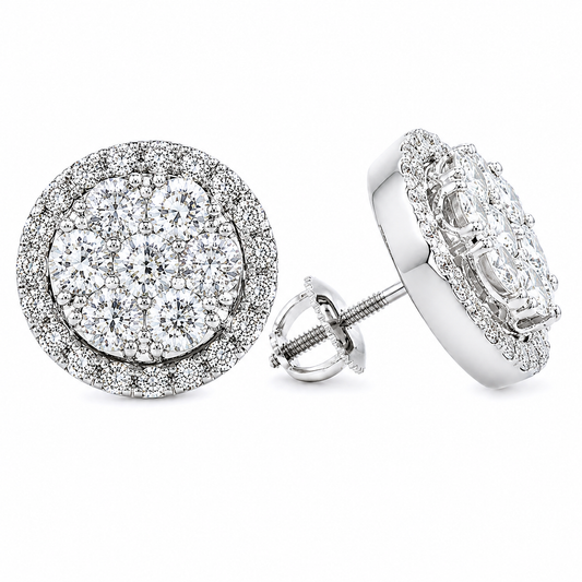 14KT White Gold 3.00 CTW Diamond Halo Cluster Earrings – EF/VS – IGL Certified – Luxury Screw Back Studs
