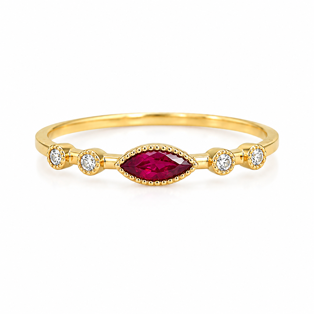 14K Yellow Gold Genuine Ruby & Lab Grown Diamond Marquise Ring – Size 7