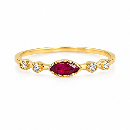14K Yellow Gold Genuine Ruby & Lab Grown Diamond Marquise Ring – Size 7