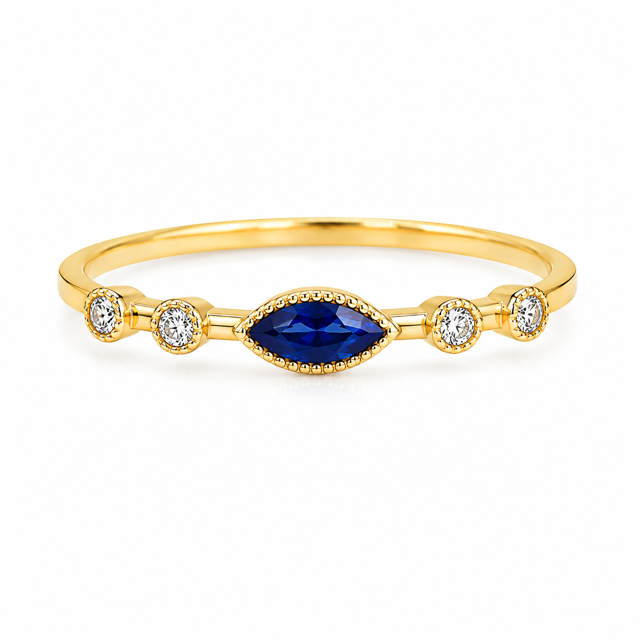 14K Yellow Gold Genuine Blue Sapphire & Lab Grown Diamond Marquise Ring – 0.20 CTW – Size 7