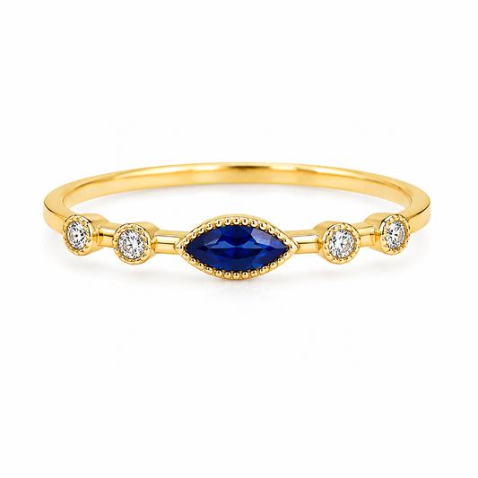 14K Yellow Gold Genuine Blue Sapphire & Lab Grown Diamond Marquise Ring – 0.20 CTW – Size 7