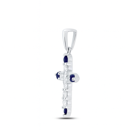 10K White Gold Natural Blue Sapphire & Diamond Cross Pendant – 0.25 CTW