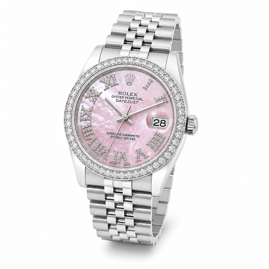 Pre-Owned Rolex Datejust 36mm Steel & Gold Watch with Pink Mother-of-Pearl Diamond Dial & Bezel