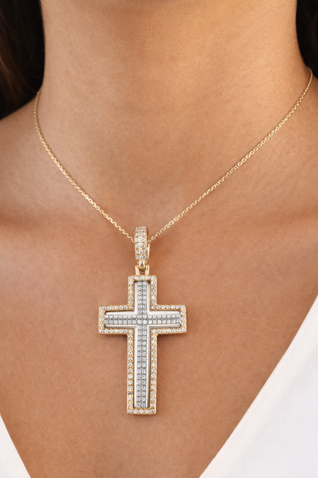 14K Two Tone Gold 0.32ctw Diamond Cross Necklace Pendant