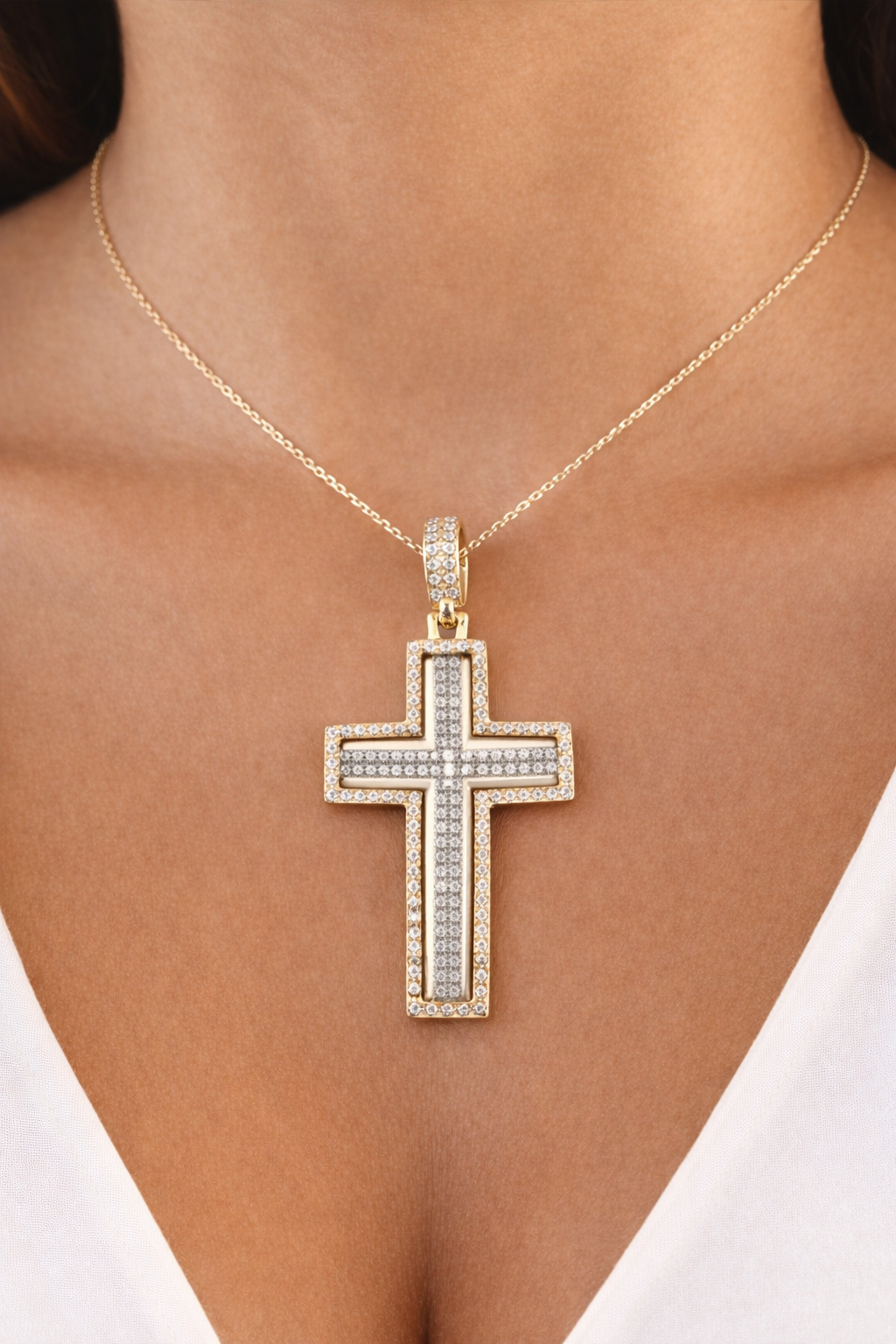 14K Two Tone Gold 0.32ctw Diamond Cross Necklace Pendant